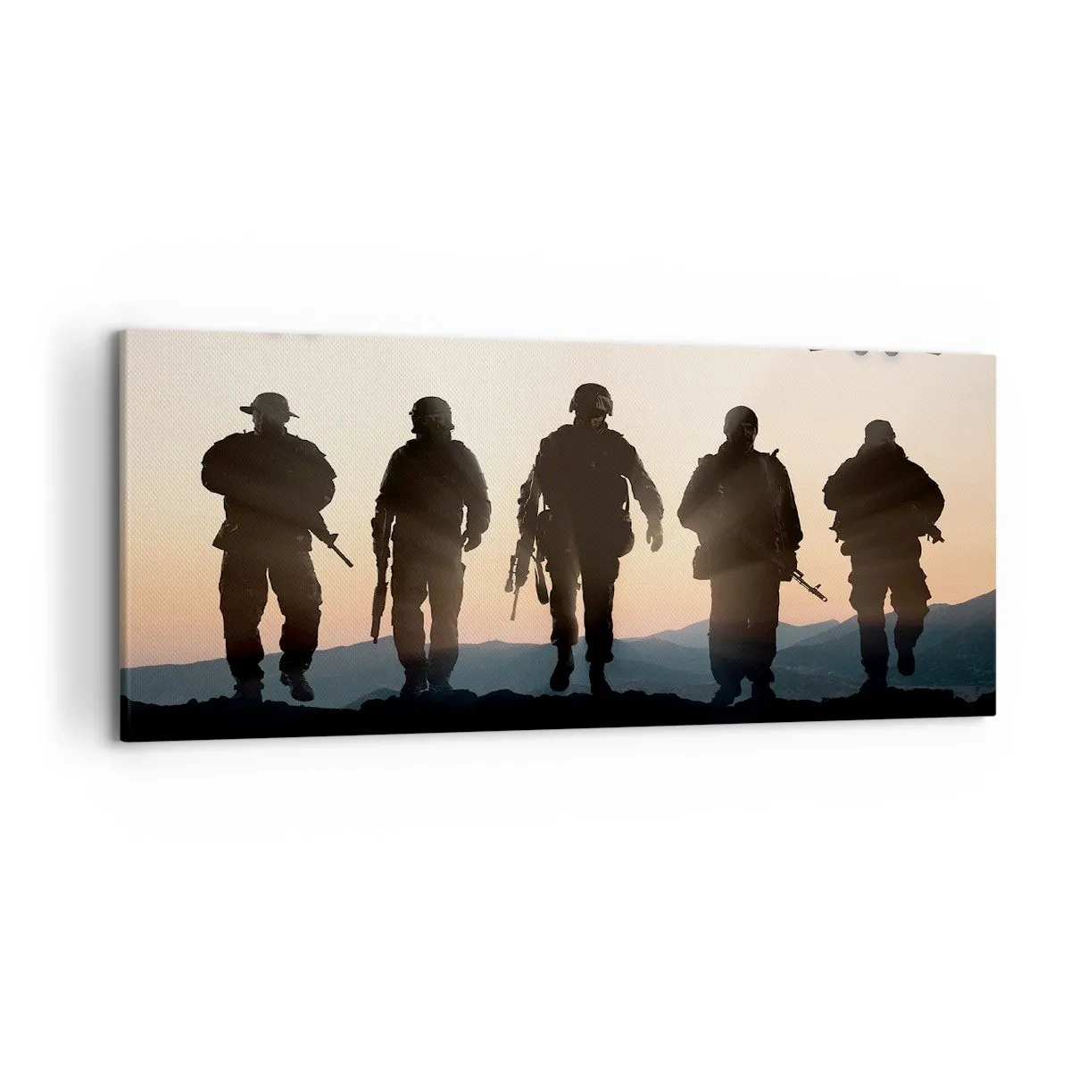 Bild auf Leinwand - Leinwandbild - Silhouetten von Soldaten und Kampfjets vor dem Hintergrund des Sonnenuntergangs - 120x50cm - Willkommen in unserer Welt - Moderne Wanddekoration für Wohnzimmer und Schlafzimmer ARTTOR