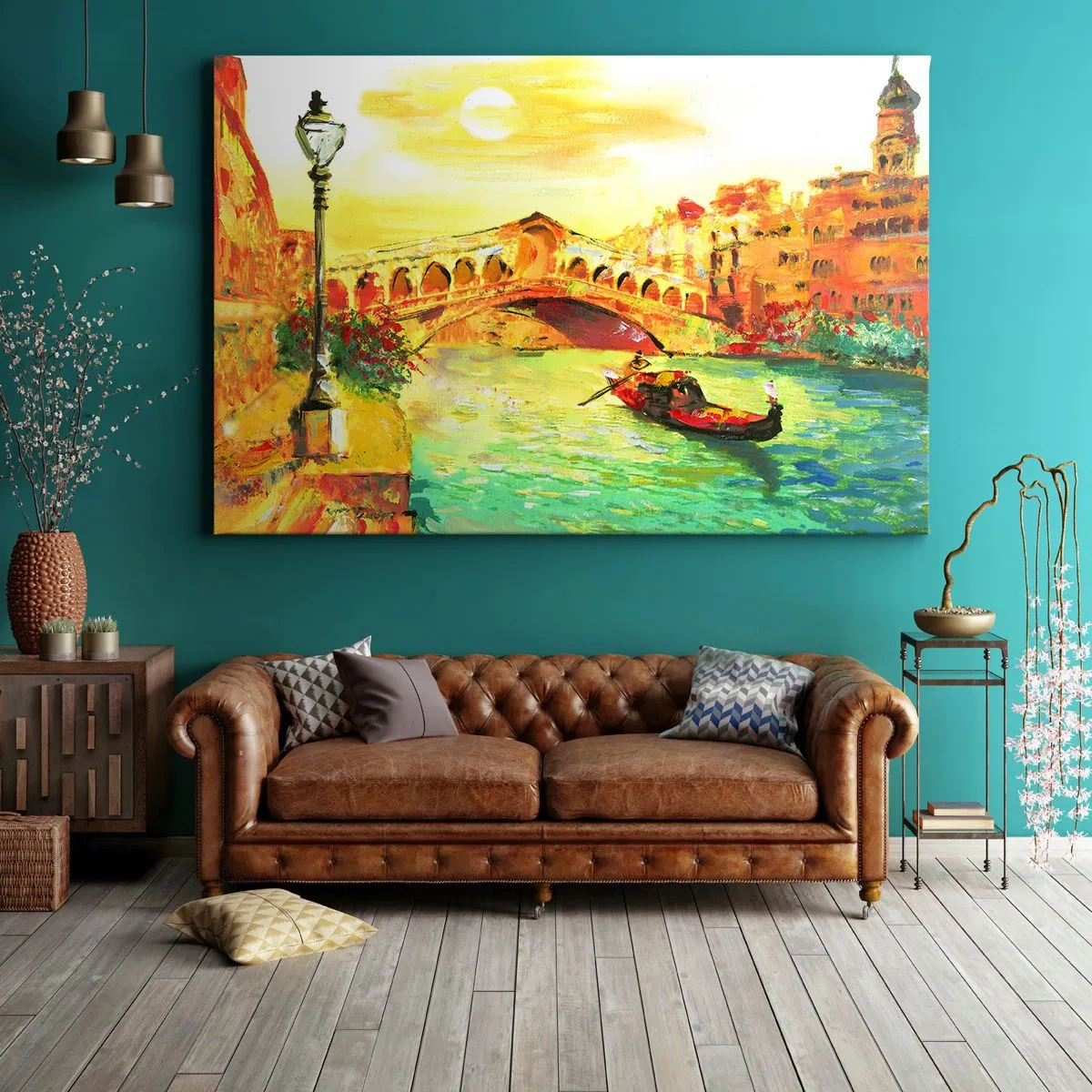 Bild auf Leinwand - Leinwandbild - Eine malerische Brücke über den Kanal mit einer Gondel im Licht der untergehenden Sonne - 120x80cm - Eine Pilgerreise der Liebenden - Moderne Wanddekoration für Wohnzimmer und Schlafzimmer ARTTOR