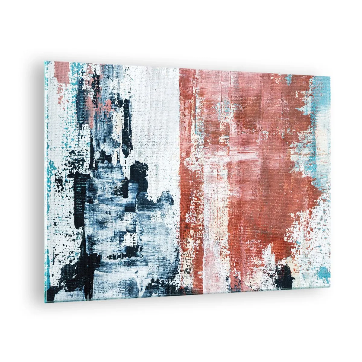 Glasbild - Bild auf glas - Eine abstrakte Kombination aus Blau und Rostrot - 70x50cm - Fünfzig-Fünfzig abstrakt - Moderne Wanddekoration für Wohnzimmer und Schlafzimmer ARTTOR