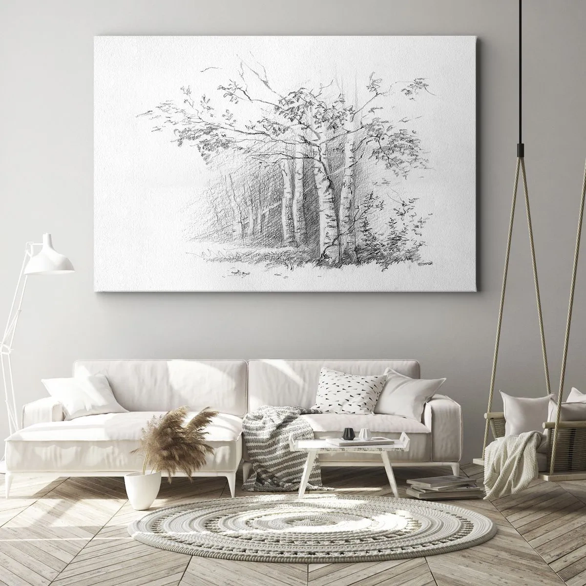 Bild auf Leinwand - Leinwandbild - Eine Zeichnung eines Birkenwaldes in einer subtilen Bleistiftskizze - 70x50cm - Das Licht des Birkenwaldes - Moderne Wanddekoration für Wohnzimmer und Schlafzimmer ARTTOR