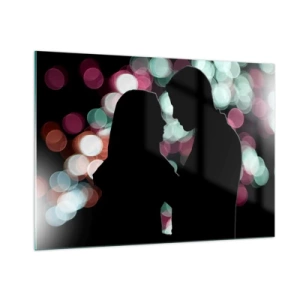 Glasbild - Bild auf glas - Silhouetten eines Paares vor dem Hintergrund bunter Bokeh-Lichter - 100x70cm - Jawohl! - Moderne Wanddekoration für Wohnzimmer und Schlafzimmer ARTTOR