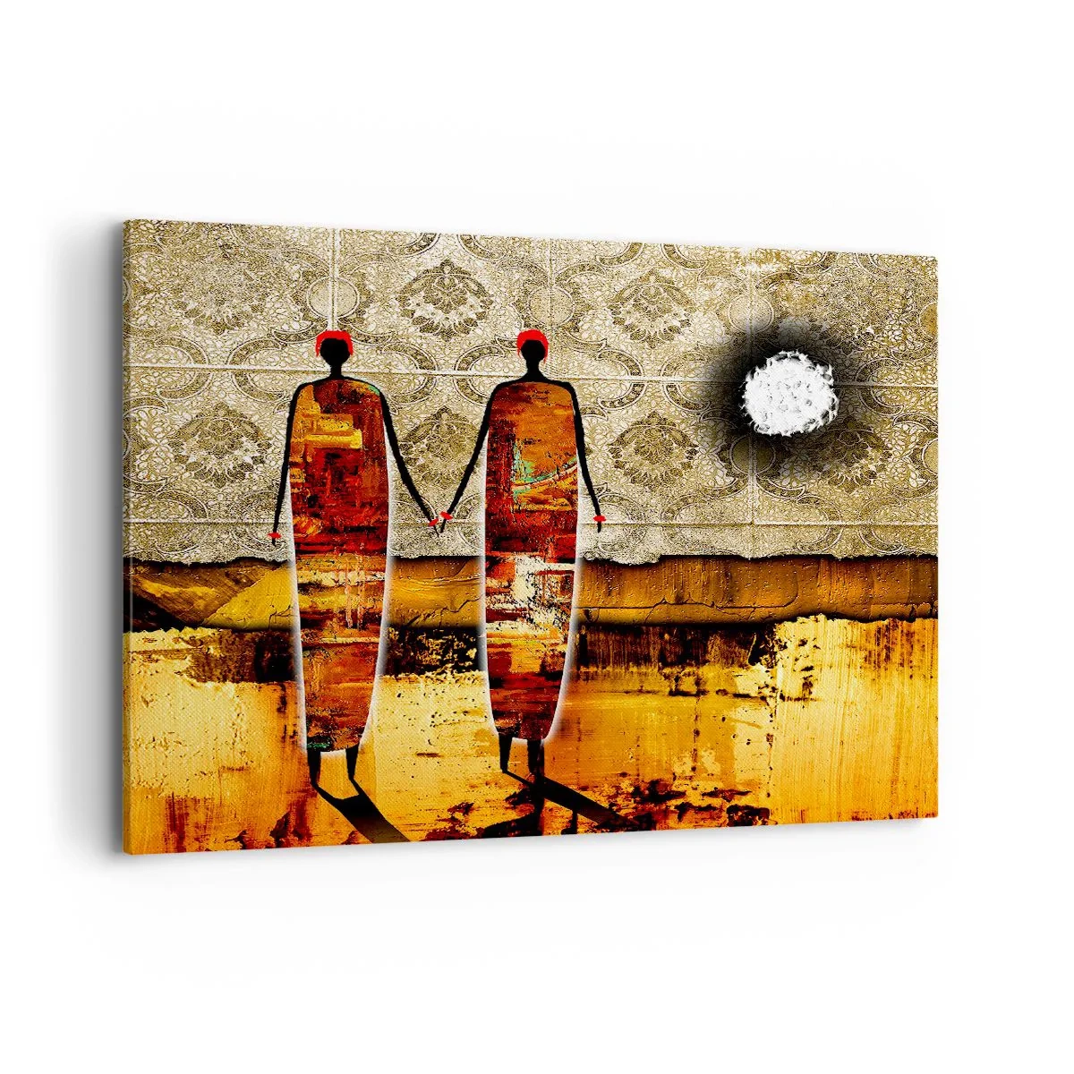 Bild auf Leinwand - Leinwandbild - Ein abstraktes Figurenpaar vor einem Hintergrund aus goldenen Mustern und einer Landschaft. - 100x70cm - Ethnische Zusammensetzung in den Farben Afrikas - Moderne Wanddekoration für Wohnzimmer und Schlafzimmer ARTTOR