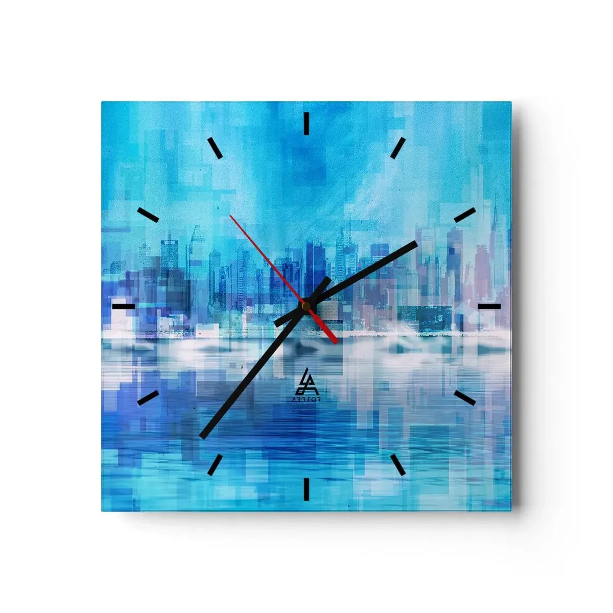 Wanduhr - Glasuhr - Abstraktes Stadtpanorama in Blautönen - 30x30cm - In Blau ertrunken - Moderne Wanddekoration für Wohnzimmer und Schlafzimmer ARTTOR