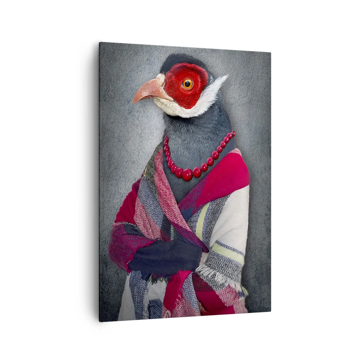 Bild auf Leinwand - Leinwandbild - Stilisierte Porträts eines Wolfes, eines Fasans und eines Löwen in eleganter Kleidung - 70x100cm - Was mache ich hier?! - Moderne Wanddekoration für Wohnzimmer und Schlafzimmer ARTTOR