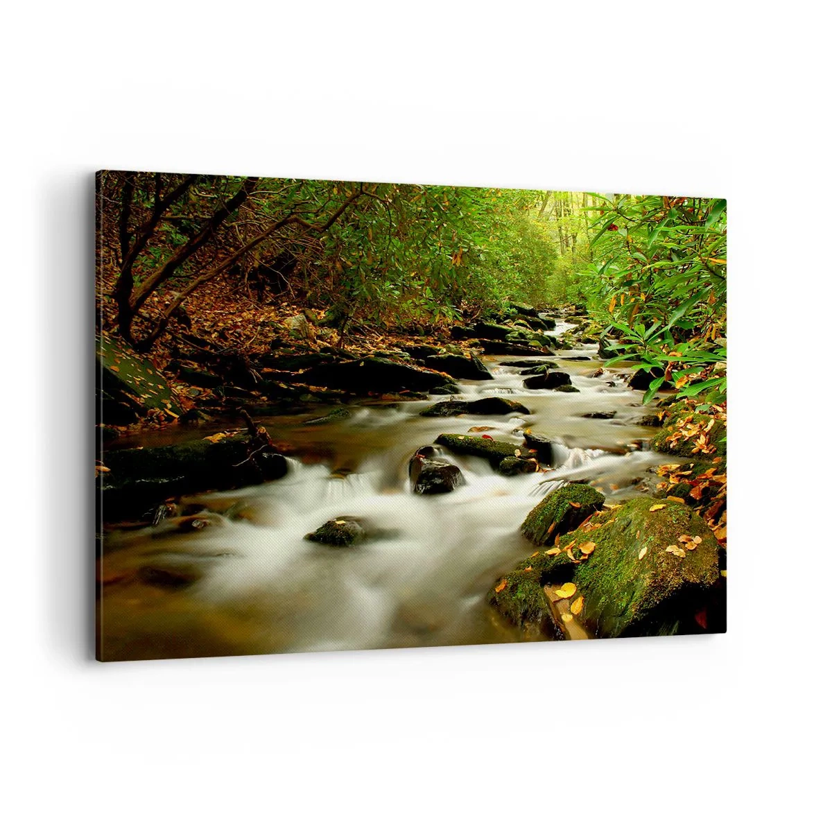 Bild auf Leinwand - Leinwandbild - Ein Waldbach, der zwischen Steinen fließt, umgeben von Grün - 100x70cm - Wie flüssiges Silber - Moderne Wanddekoration für Wohnzimmer und Schlafzimmer ARTTOR