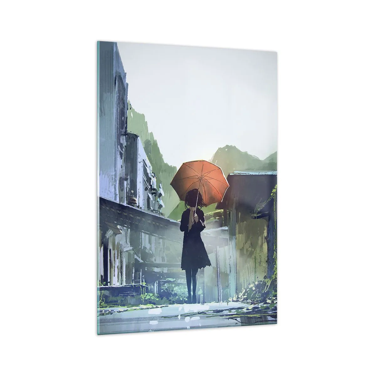 Glasbild - Bild auf glas - Eine Figur mit einem Regenschirm in einer verregneten Stadt - 70x100cm - Belebender Regen - Moderne Wanddekoration für Wohnzimmer und Schlafzimmer ARTTOR