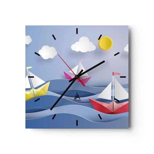 Wanduhr - Glasuhr - Bunte Segelboote auf den Wellen an einem sonnigen Tag - 30x30cm - Ach, wie schön ist es, in den Wellen zu schwingen - Moderne Wanddekoration für Wohnzimmer und Schlafzimmer ARTTOR