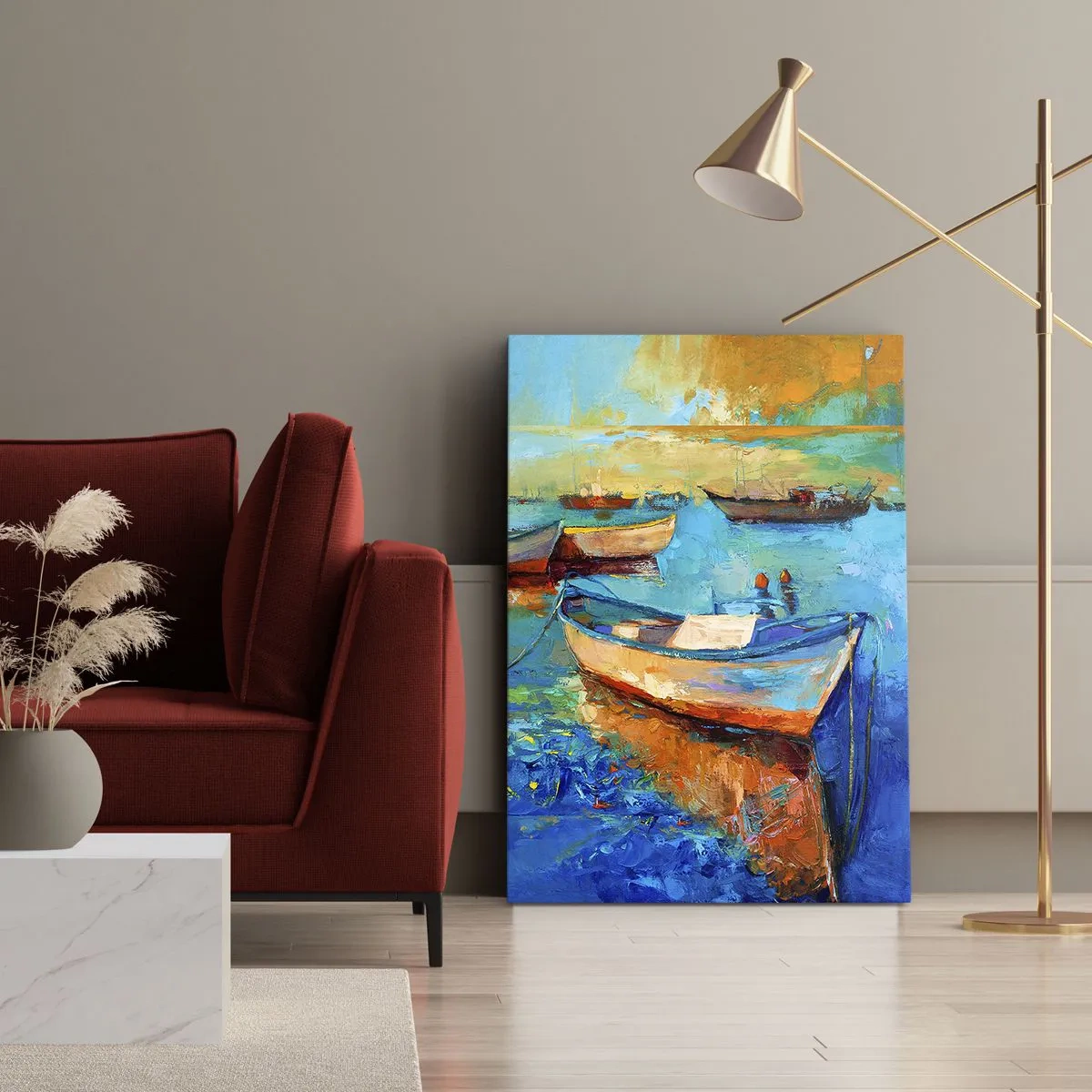 Bild auf Leinwand - Leinwandbild - Bunte Boote vertäut auf ruhigem Wasser - 50x70cm - In der südlichen Bucht - Moderne Wanddekoration für Wohnzimmer und Schlafzimmer ARTTOR