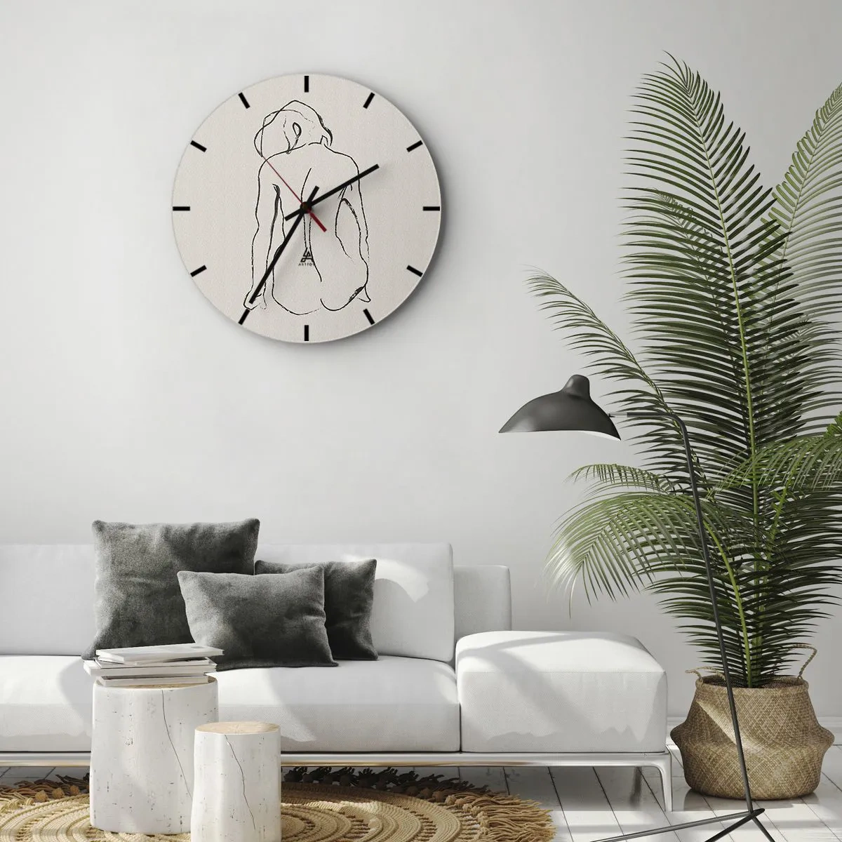 Wanduhr - Glasuhr - Eine subtile Skizze einer weiblichen Silhouette vor einem hellen Hintergrund - 30x30cm - Mädchenakt - Moderne Wanddekoration für Wohnzimmer, Küche und Schlafzimmer ARTTOR