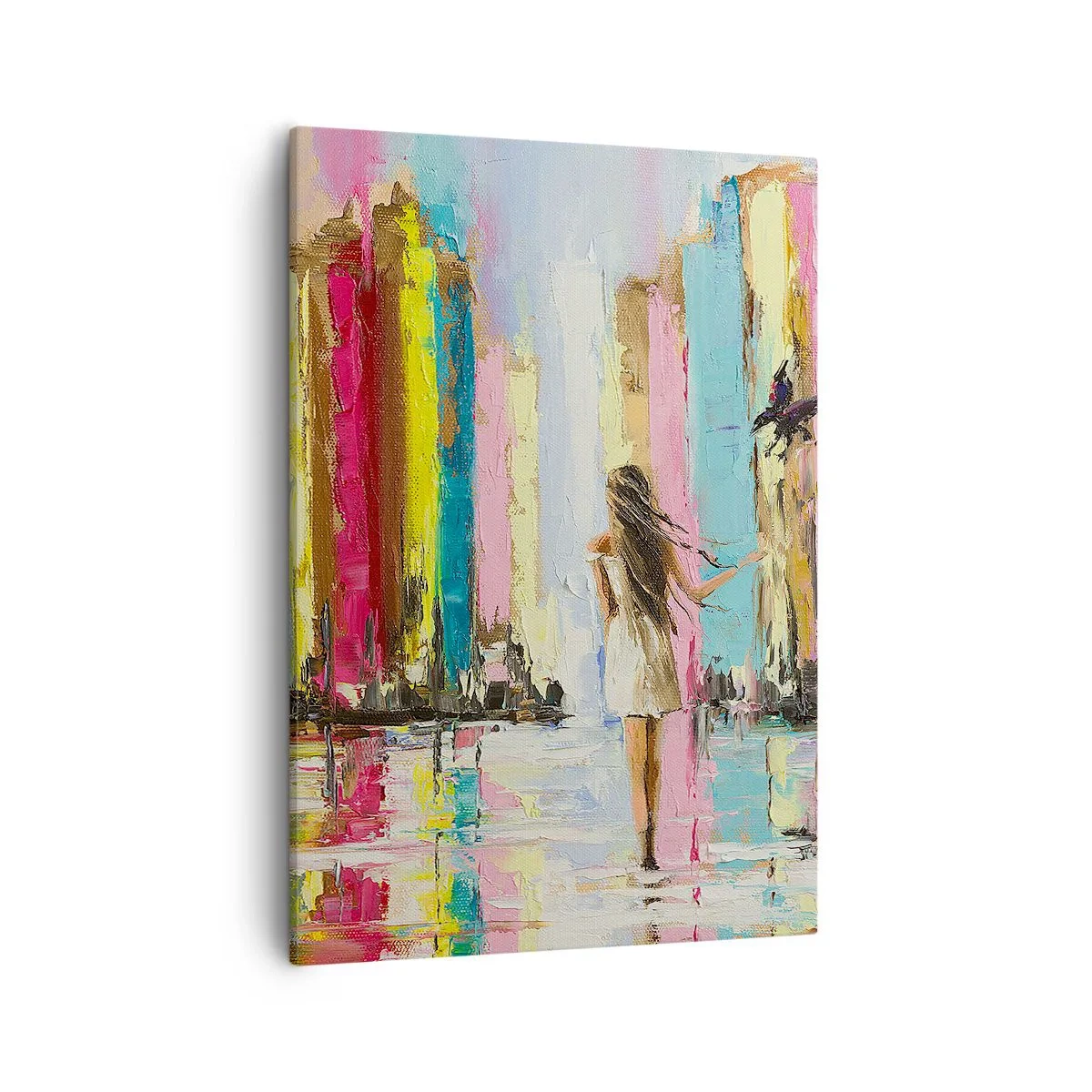 Bild auf Leinwand - Leinwandbild - Eine bunte Stadt und eine Frau in einem weißen Kleid mit einem Vogel - 50x70cm - Folge mir - Moderne Wanddekoration für Wohnzimmer und Schlafzimmer ARTTOR