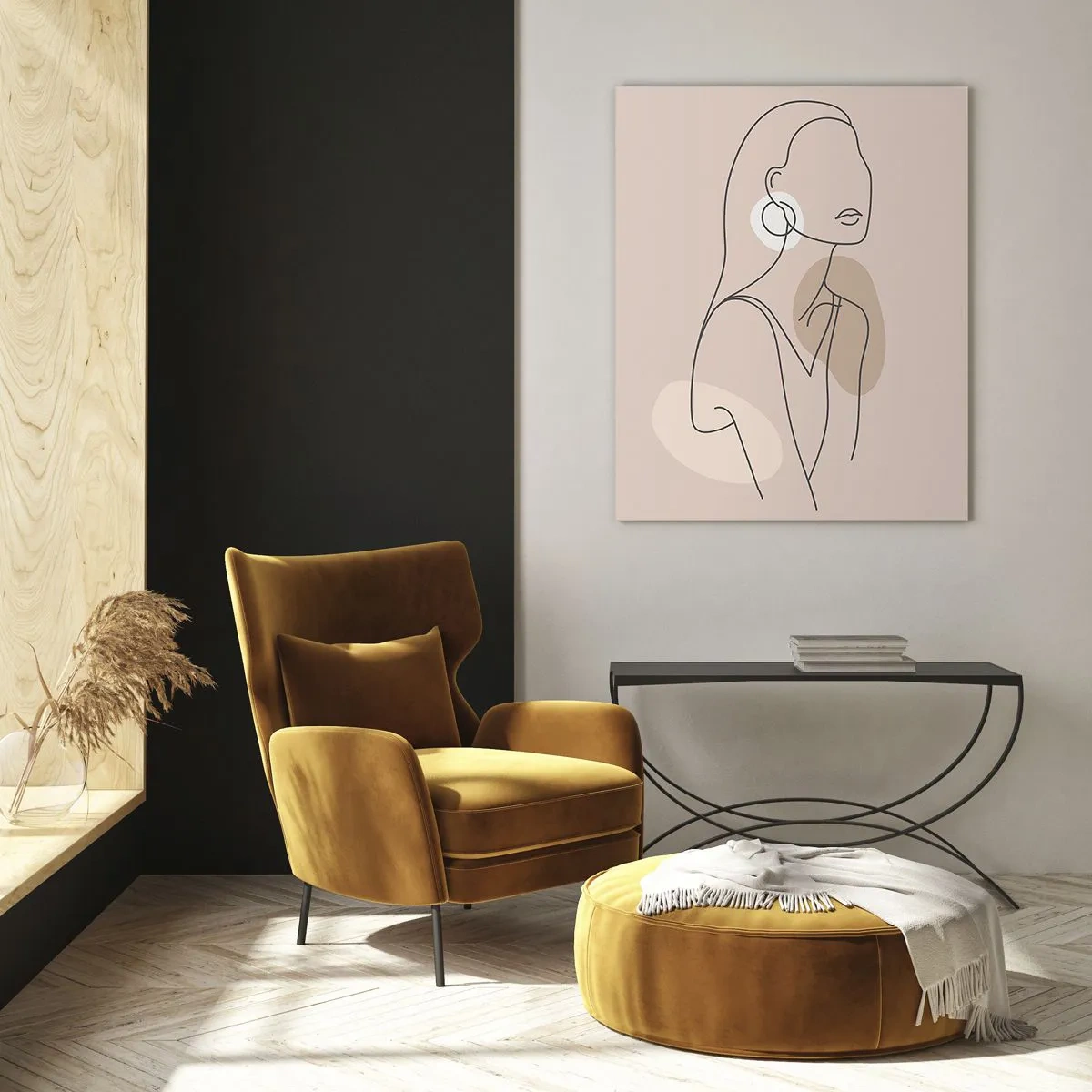 Glasbild - Bild auf glas - Minimalistische Illustration einer Frau mit Umrissen auf beigem Hintergrund - 80x120cm - Mädchenhafte Ikone - Moderne Wanddekoration für Wohnzimmer und Schlafzimmer ARTTOR