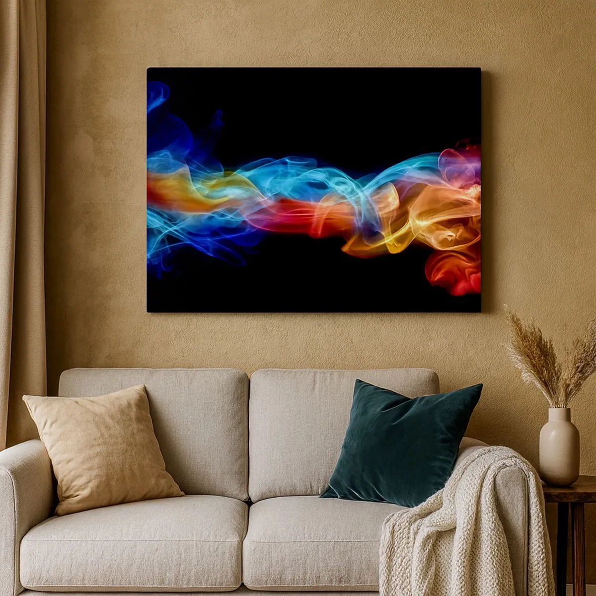 Bild auf Leinwand - Leinwandbild - Bunter Rauch auf schwarzem Hintergrund - 70x50cm - Regenbogentanz der Nebel - Moderne Wanddekoration für Wohnzimmer und Schlafzimmer ARTTOR