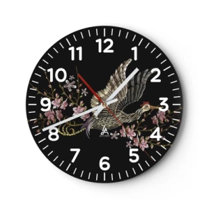 Wanduhr - Glasuhr - Exotischer gestickter Vogel - 40x40 cm