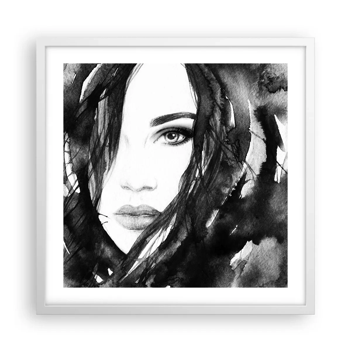 Poster in einem weißen Rahmen - Porträt einer Dame in Schwarzweiß - 50x50 cm