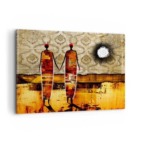 Bild auf Leinwand - Leinwandbild - Ein abstraktes Figurenpaar vor einem Hintergrund aus goldenen Mustern und einer Landschaft. - 120x80cm - Ethnische Zusammensetzung in den Farben Afrikas - Moderne Wanddekoration für Wohnzimmer und Schlafzimmer ARTTOR