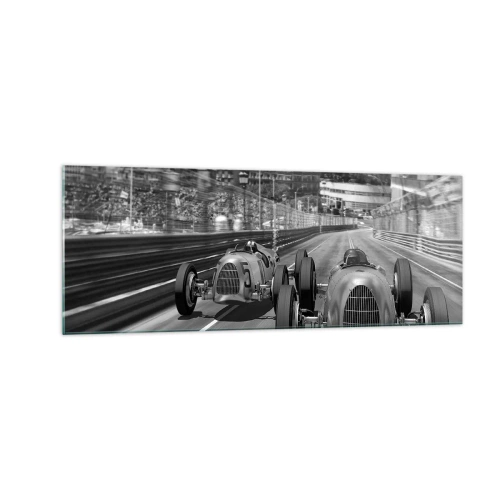 Glasbild - Bild auf glas - Monochrome Retro-Autorennen-Szene - 140x50cm - Vor langer Zeit in Monte Carlo - Moderne Wanddekoration für Wohnzimmer und Schlafzimmer ARTTOR