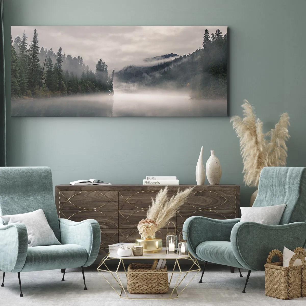 Bild auf Leinwand - Leinwandbild - Ein nebliger Wald spiegelt sich in einem ruhigen See - 120x50cm - In Reflexion, im Nebel - Moderne Wanddekoration für Wohnzimmer und Schlafzimmer ARTTOR