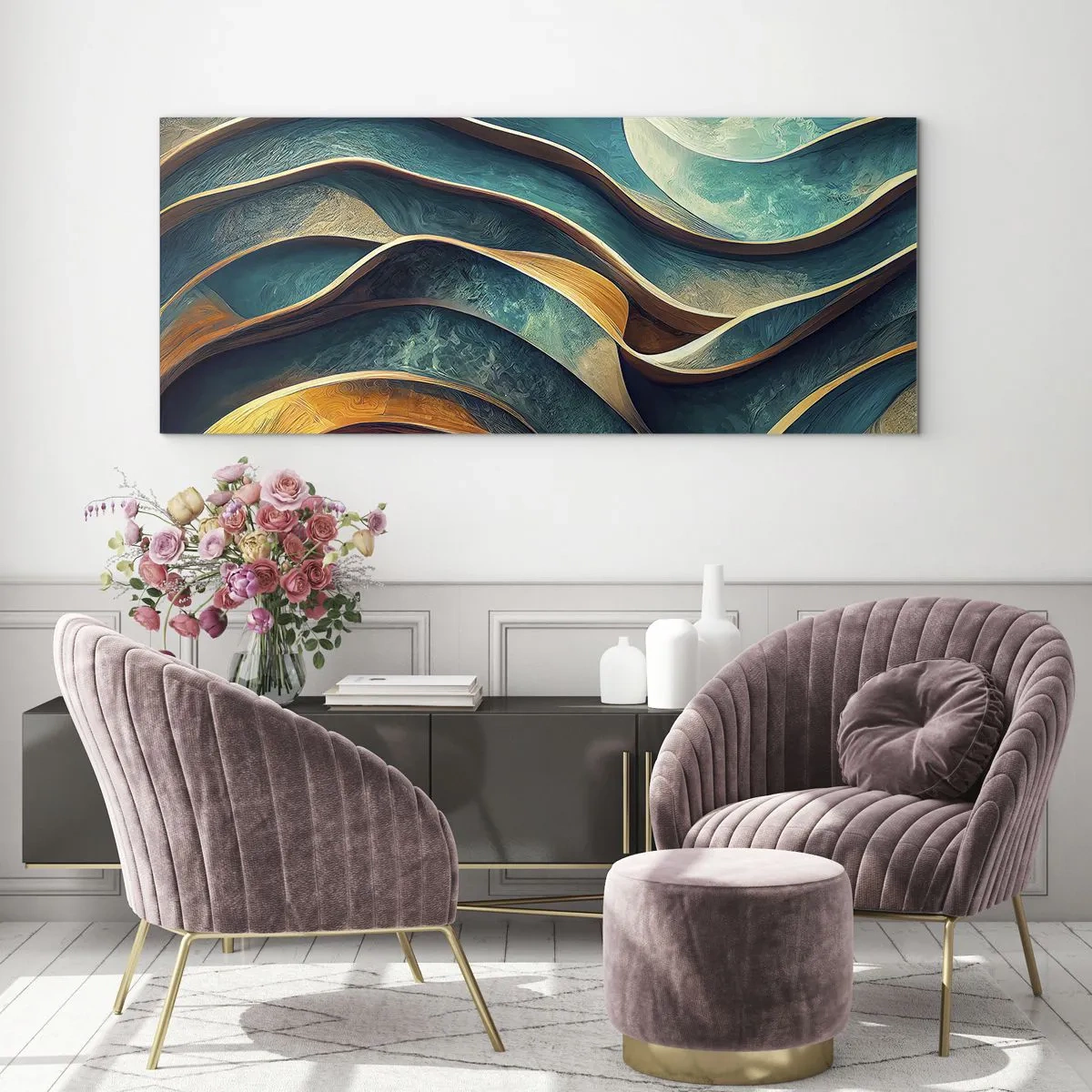 Glasbild - Bild auf glas - Abstrakte Wellen in Türkis- und Goldtönen - 160x50cm - Blaue Mäander - Moderne Wanddekoration für Wohnzimmer und Schlafzimmer ARTTOR