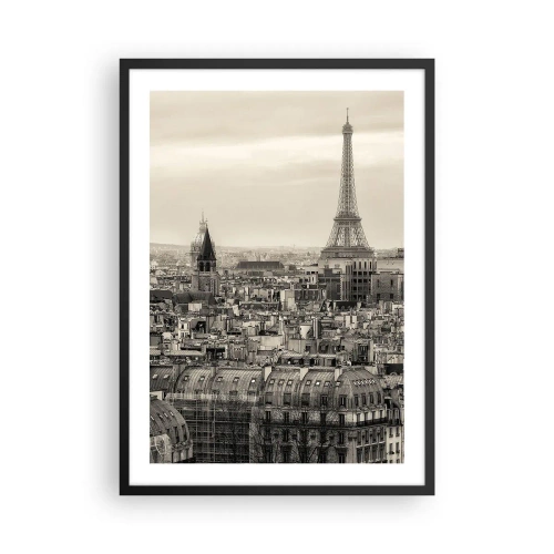 Poster in einem schwarzem Rahmen - Panorama von Paris mit dem Eiffelturm in Sepiatönen - 50x70cm - Über den Dächern von Paris - Moderne Wanddekoration für Wohnzimmer und Schlafzimmer ARTTOR