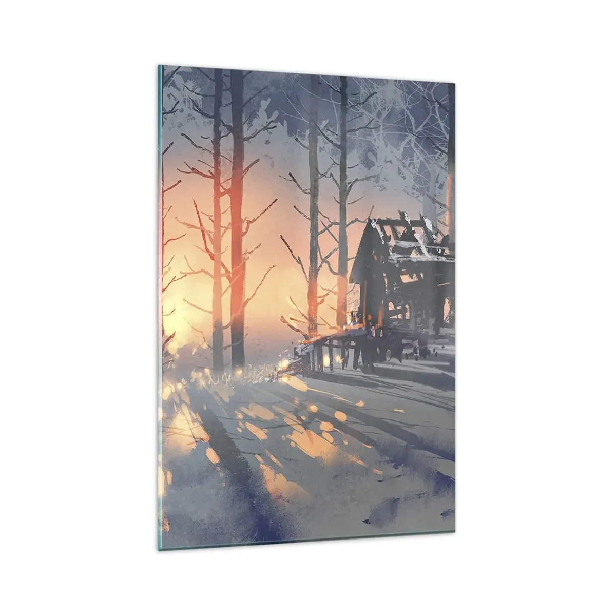 Glasbild - Bild auf glas - Ein Waldhäuschen in einer Winterlandschaft mit den Strahlen der untergehenden Sonne - 80x120cm - Hier sieht nur die Sonne rein - Moderne Wanddekoration für Wohnzimmer und Schlafzimmer ARTTOR