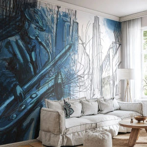 Fototapete Premium Sand - Ein Musiker mit Saxophon vor der Kulisse urbaner Architektur - 100x70cm - Urbane Rhapsodie - Moderne Wanddekoration für Wohnzimmer und Schlafzimmer ARTTOR