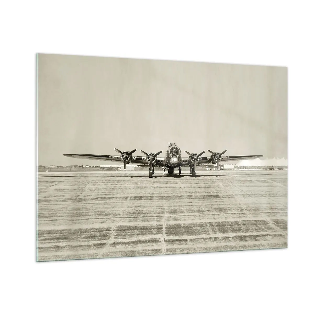 Glasbild - Bild auf glas - Historisches Flugzeug auf dem Flughafen im Sepia-Stil - 100x70cm - Wie immer bereit - Moderne Wanddekoration für Wohnzimmer und Schlafzimmer ARTTOR