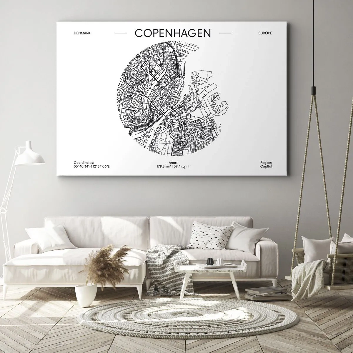 Bild auf Leinwand - Leinwandbild - Eine Karte von Kopenhagen im minimalistischen Schwarz-Weiß-Stil. - 70x50cm - Anatomie von Kopenhagen - Moderne Wanddekoration für Wohnzimmer und Schlafzimmer ARTTOR