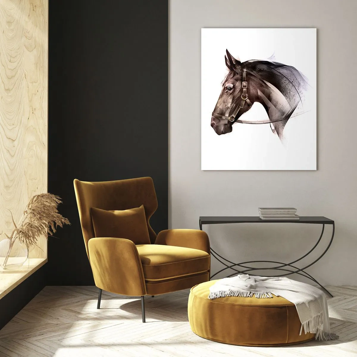 Glasbild - Bild auf glas - Ein Pferdeprofil in filigraner künstlerischer Form auf weißem Hintergrund - 80x120cm - Was für eine Gnade - Moderne Wanddekoration für Wohnzimmer und Schlafzimmer ARTTOR