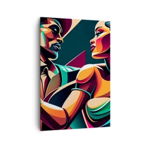 Bild auf Leinwand - Leinwandbild - Ein stilisiertes Paar, das in leuchtenden, geometrischen Farben tanzt. - 70x100cm - Im Rhythmus des Herzens - Moderne Wanddekoration für Wohnzimmer und Schlafzimmer ARTTOR