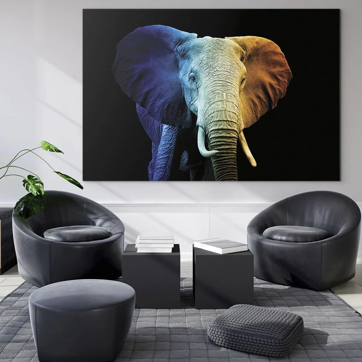 Glasbild - Bild auf glas - Buntes Porträt eines Elefanten auf schwarzem Hintergrund - 120x80cm - Exzentrisch, kein Verrückter - Moderne Wanddekoration für Wohnzimmer und Schlafzimmer ARTTOR