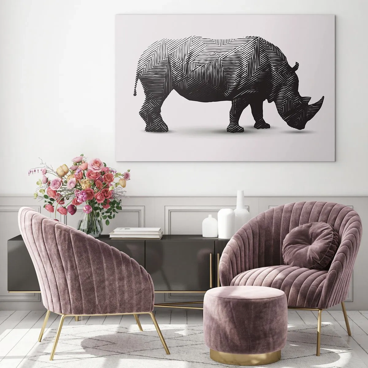 Glasbild - Bild auf glas - Schwarz-weißes Nashorn mit geometrischen Mustern - 100x70cm - Geometrische Schönheit der Natur - Moderne Wanddekoration für Wohnzimmer und Schlafzimmer ARTTOR