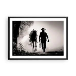 Poster in einem schwarzem Rahmen - Cowboy mit Pferd im Morgennebel - 70x50cm - Texas-Morgen - Moderne Wanddekoration für Wohnzimmer und Schlafzimmer ARTTOR