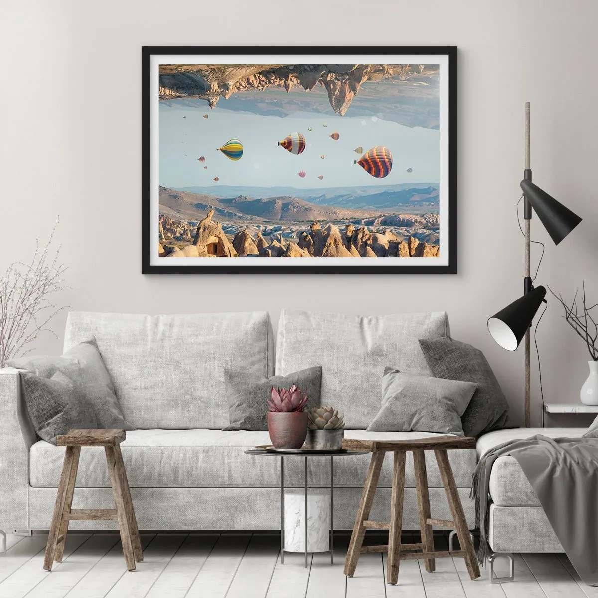 Poster in einem schwarzem Rahmen - Bunte Ballons über einer felsigen Landschaft - 70x50cm - Hier ist alles möglich - Moderne Wanddekoration für Wohnzimmer und Schlafzimmer ARTTOR
