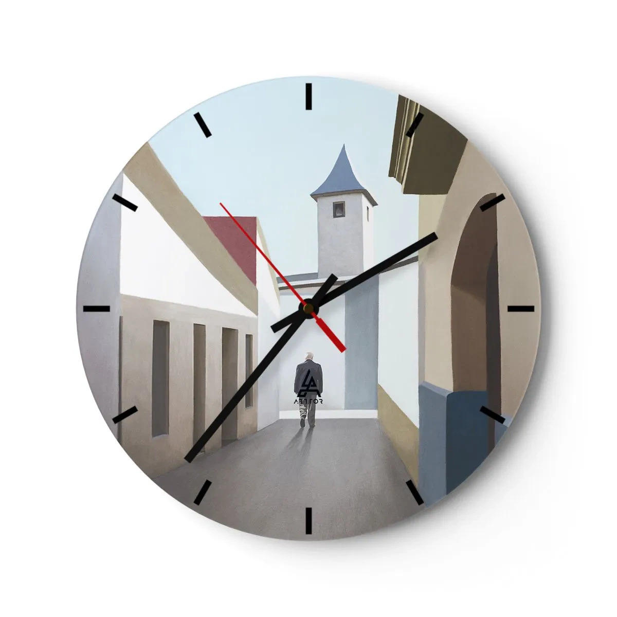 Wanduhr - Glasuhr - Eine Figur vor dem Hintergrund einer Stadtstraße in einer hellen, geometrischen Umgebung - 30x30cm - Sonniger Spaziergang - Moderne Wanddekoration für Wohnzimmer, Küche und Schlafzimmer ARTTOR