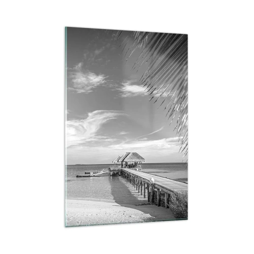 Glasbild - Bild auf glas - Schwarz-weißer Strand mit Pier und Palmen an einer tropischen Küste - 80x120cm - Erinnerung oder Traum? - Moderne Wanddekoration für Wohnzimmer und Schlafzimmer ARTTOR