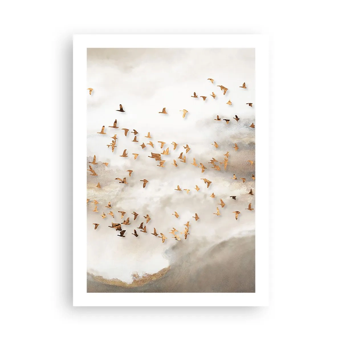Poster - Ein Vogelschwarm schwebt zwischen den nebligen Wolken - 50x70cm - Es ist schon die Zeit… - Moderne Wanddekoration für Wohnzimmer und Schlafzimmer ARTTOR