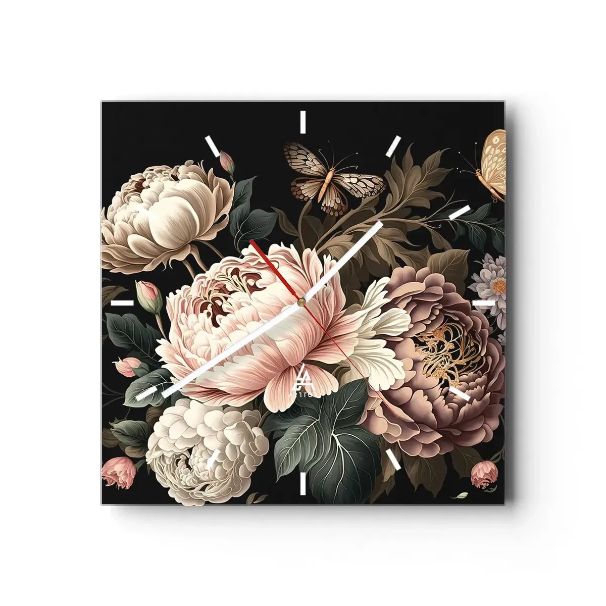Wanduhr - Glasuhr - Ein Strauß rosa Blumen und Schmetterlinge auf schwarzem Hintergrund - 30x30cm - Im Barockstil - Moderne Wanddekoration für Wohnzimmer und Schlafzimmer ARTTOR