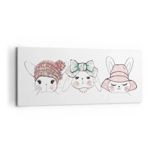 Bild auf Leinwand - Leinwandbild - Entzückende Häschen mit pastellfarbener Kopfbedeckung - 120x50cm - Nachdenklich, traurig, zufrieden - Moderne Wanddekoration für Wohnzimmer und Schlafzimmer ARTTOR