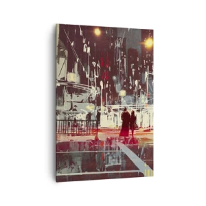Bild auf Leinwand - Leinwandbild - Stadt bei Nacht mit Neonlichtern und Silhouetten von Menschen auf der Straße - 70x100cm - Eine große Stadtüberquerung - Moderne Wanddekoration für Wohnzimmer und Schlafzimmer ARTTOR