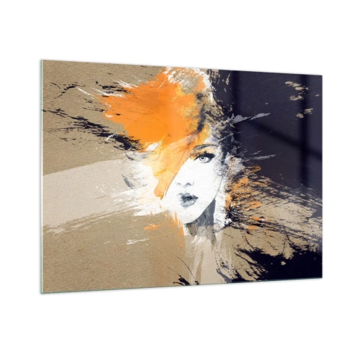 Glasbild - Bild auf glas - Abstraktes Porträt einer Frau mit orangefarbenen Akzenten - 100x70cm - Und es ist Licht - Moderne Wanddekoration für Wohnzimmer und Schlafzimmer ARTTOR