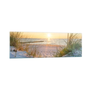 Glasbild - Bild auf glas - Ein Sandstrand mit Blick auf den Sonnenuntergang über dem Meer - 160x50cm - Das Rauschen des Meeres, der Gesang der Vögel, ein wilder Strand im Gras ... - Moderne Wanddekoration für Wohnzimmer und Schlafzimmer ARTTOR