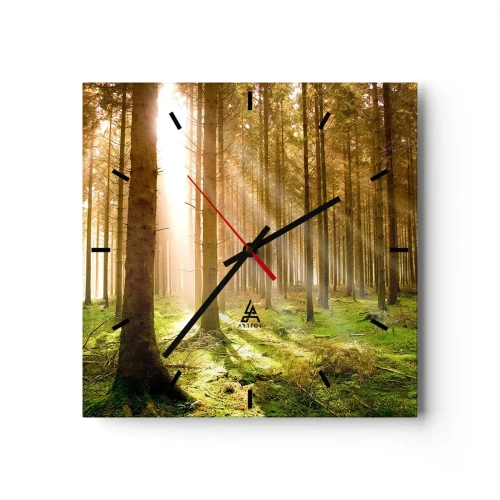Wanduhr - Glasuhr - Nadelwald mit Sonnenstrahlen, die durch die Bäume scheinen - 30x30cm - Die Elfen werden bald erscheinen - Moderne Wanddekoration für Wohnzimmer und Schlafzimmer ARTTOR
