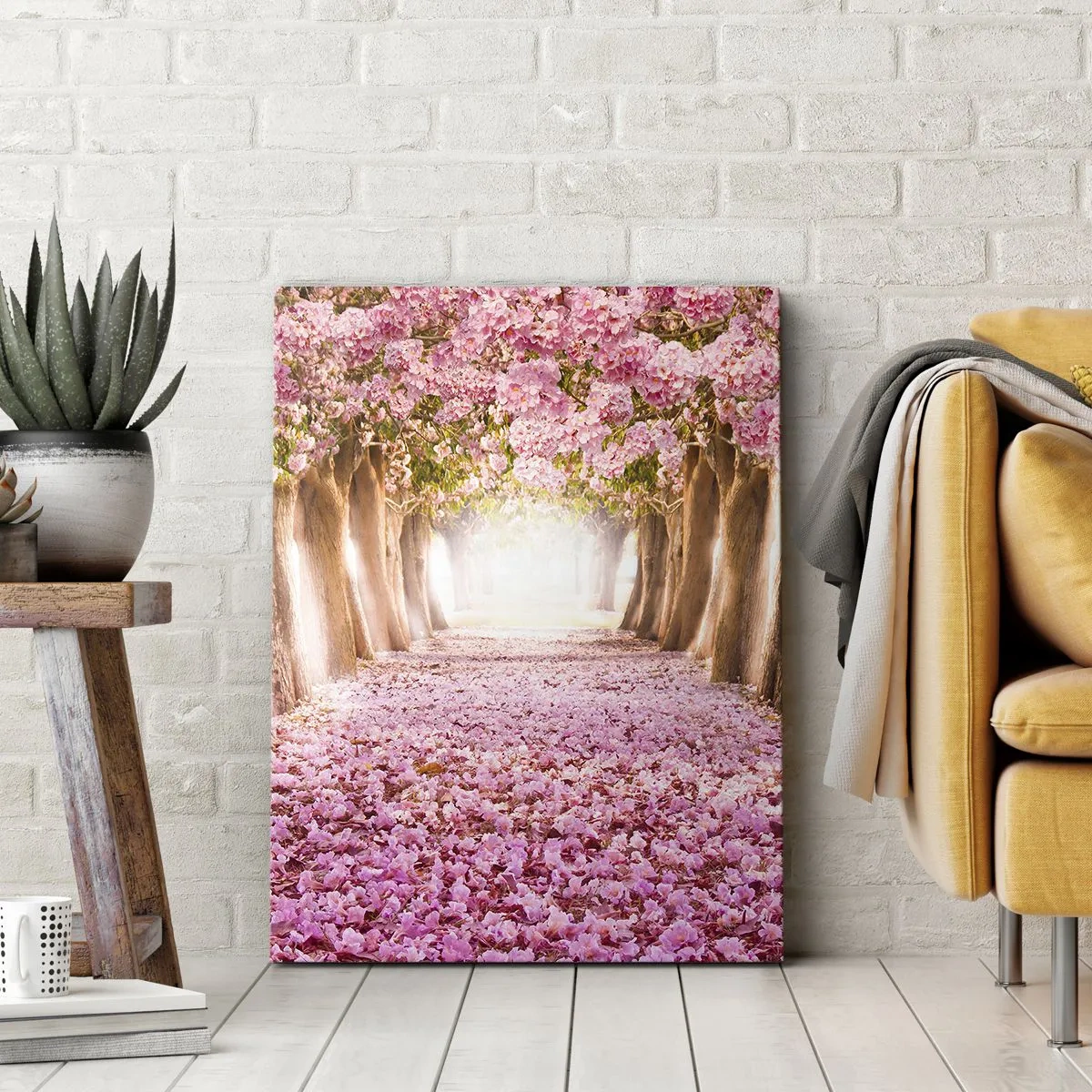 Bild auf Leinwand - Leinwandbild - Eine Allee blühender Bäume in Rosatönen - 50x70cm - Der Weg ins Paradies - Moderne Wanddekoration für Wohnzimmer und Schlafzimmer ARTTOR