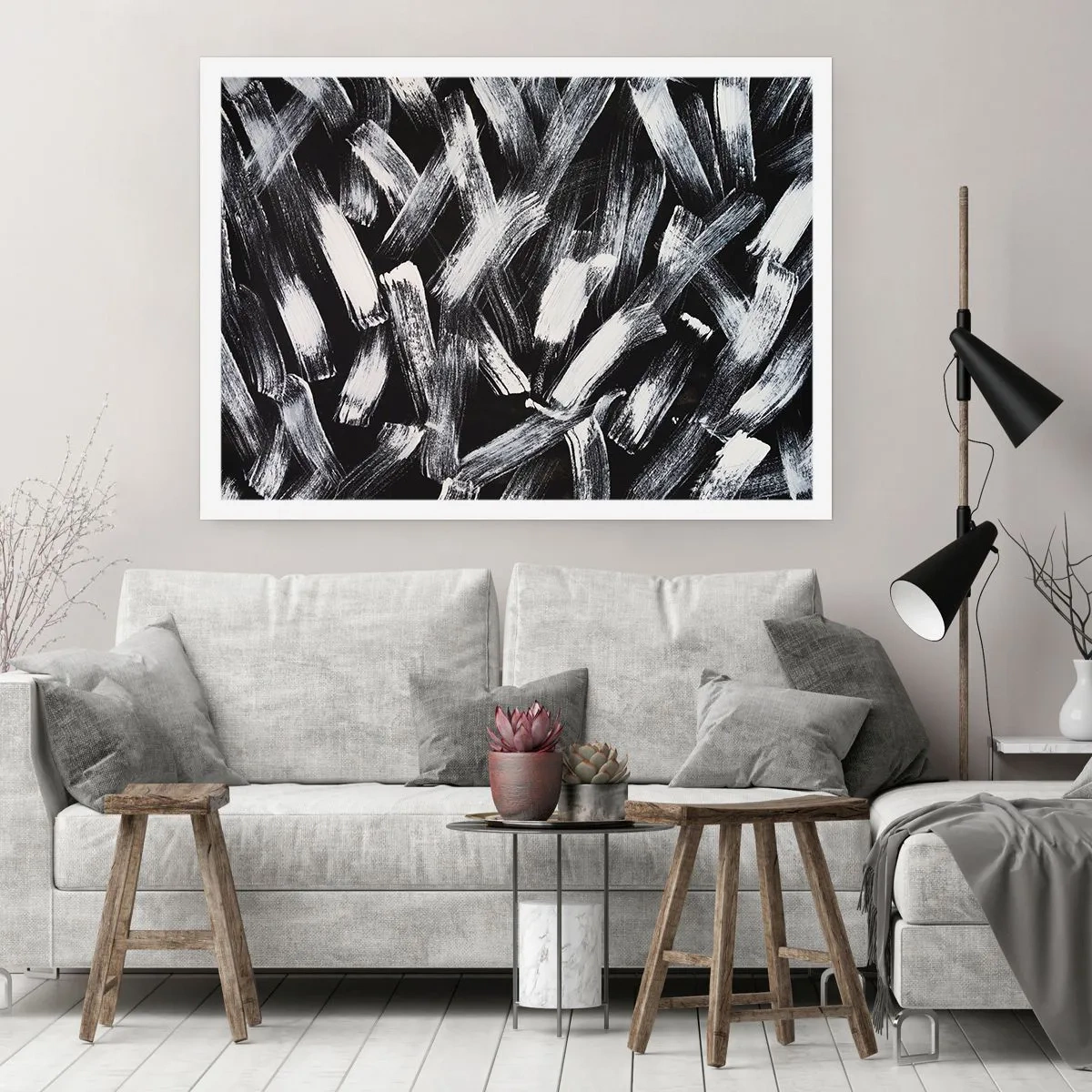 Poster - Dynamische Abstraktion mit weißen Pinselstrichen auf schwarzem Hintergrund. - 100x70cm - Abstraktion im industriellen Geist - Moderne Wanddekoration für Wohnzimmer und Schlafzimmer ARTTOR