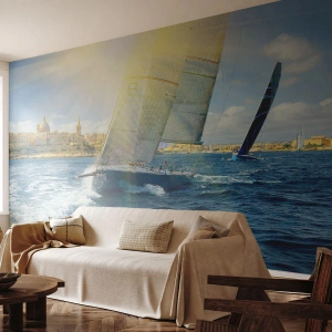 Fototapete Premium Sand - Es ist Zeit die Stadt zu verlassen - Stadt, Meer, Yacht - 450x315 cm