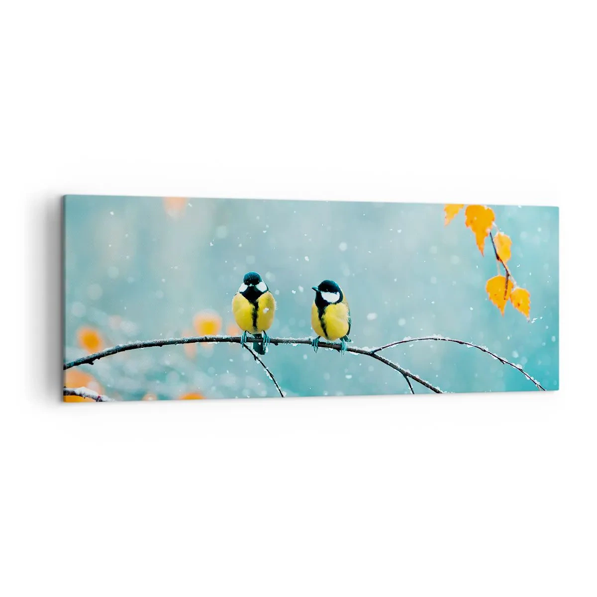 Bild auf Leinwand - Leinwandbild - Zwei Vögel auf einem Ast in einer Winterlandschaft mit gelben Blättern. - 140x50cm - Vogelklatsch - Moderne Wanddekoration für Wohnzimmer und Schlafzimmer ARTTOR
