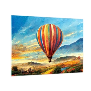 Glasbild - Bild auf glas - Ein bunter Ballon schwebt über einer Berglandschaft - 70x50cm - In der Stille sieht man mehr - Moderne Wanddekoration für Wohnzimmer und Schlafzimmer ARTTOR