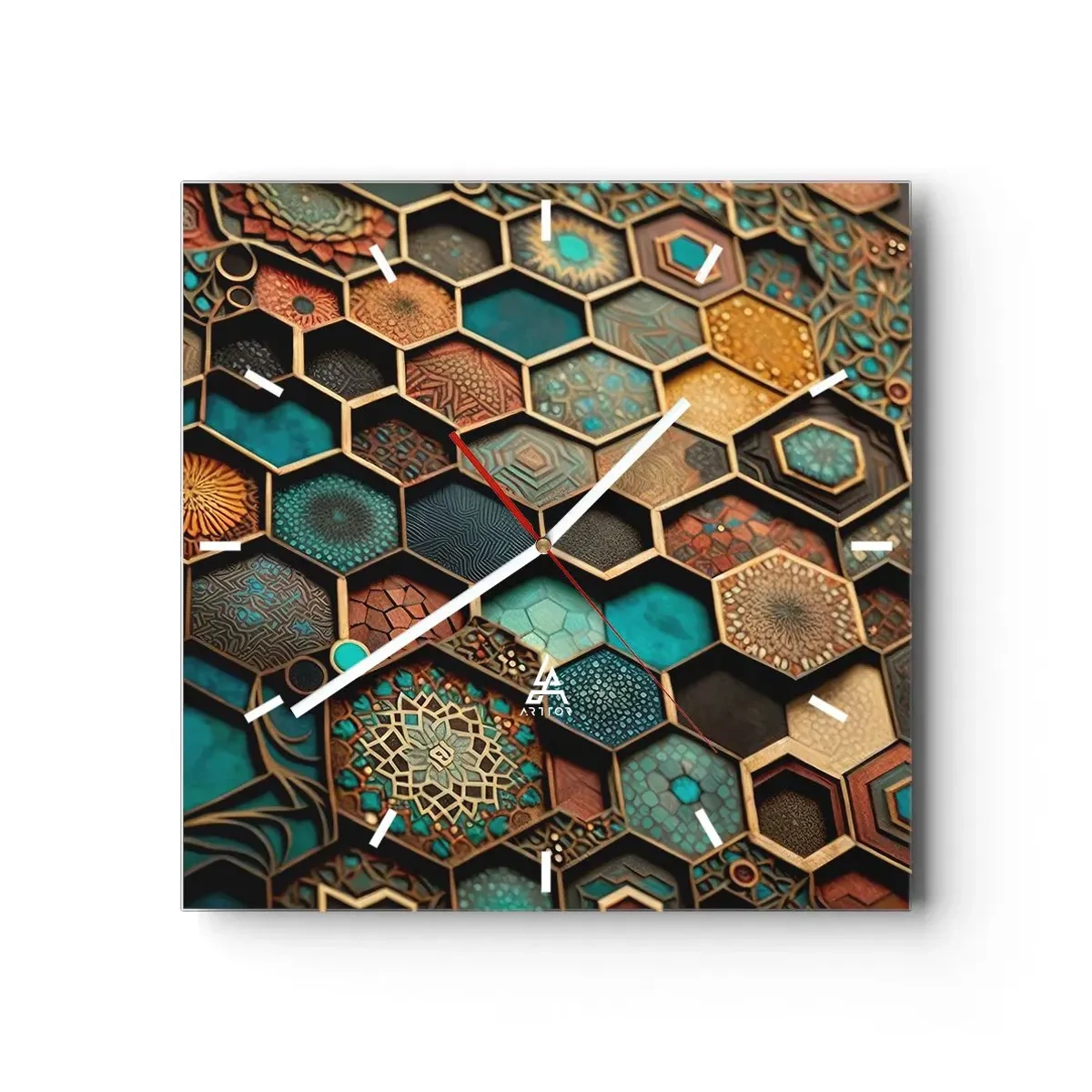 Wanduhr - Glasuhr - Bunte Ornamente in sechseckigen Mustern - 30x30cm - Arabische Ornamente – Variation - Moderne Wanddekoration für Wohnzimmer und Schlafzimmer ARTTOR