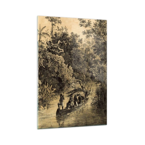 Glasbild - Bild auf glas - Zeichnung eines Dschungels mit einem Boot auf einem Fluss - 70x100cm - Expedition zur Quelle - Moderne Wanddekoration für Wohnzimmer und Schlafzimmer ARTTOR