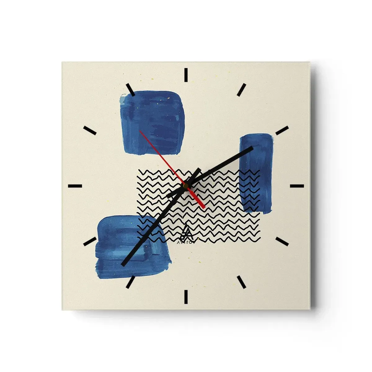 Wanduhr - Glasuhr - Abstrakte Komposition mit blauen Flecken und Wellenlinien - 30x30cm - Ein abstraktes Quartett - Moderne Wanddekoration für Wohnzimmer und Schlafzimmer ARTTOR